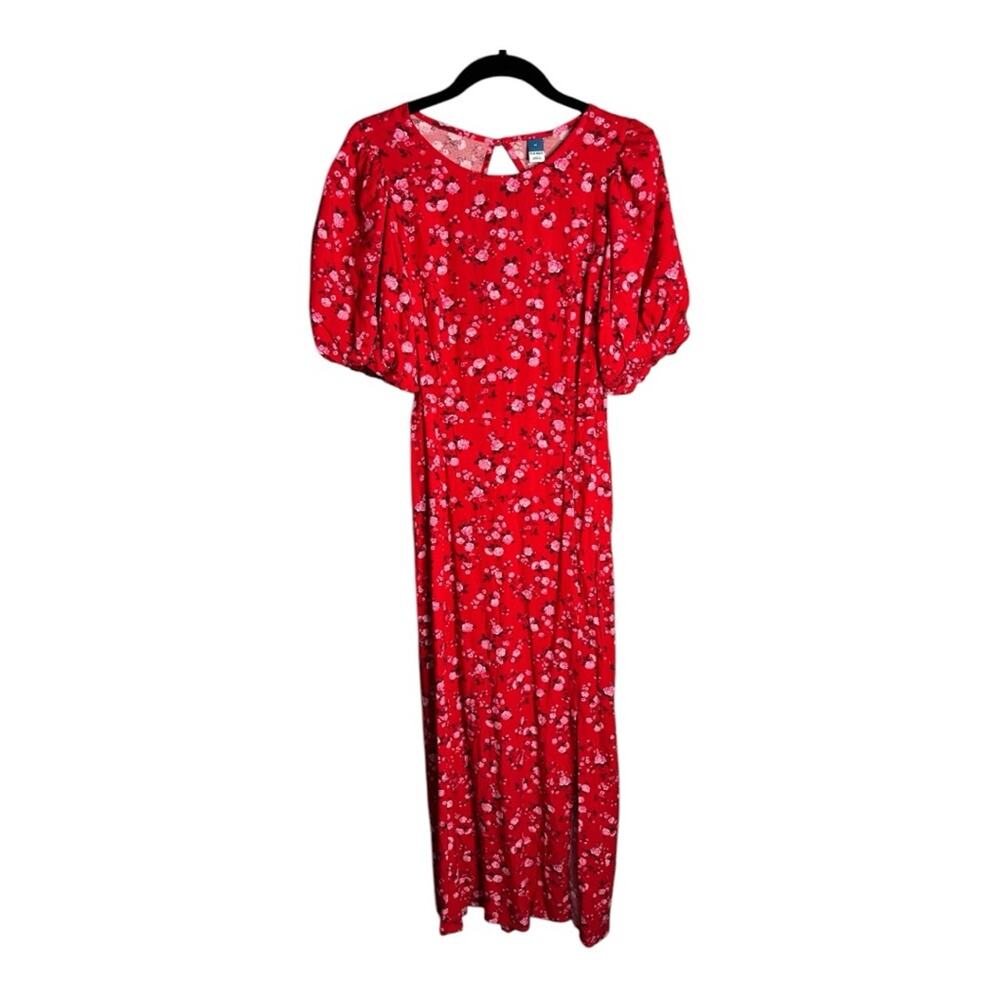 Old Navy Red Pink Floral Maxi Dress Front Slit & Back Cutout Medium